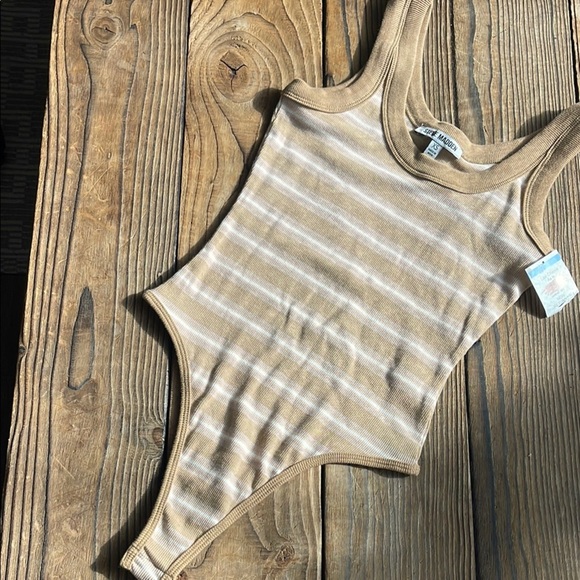 NWT Steve Madden Striped Cotton Bodysuit- Tan and Cream - Picture 1 of 4